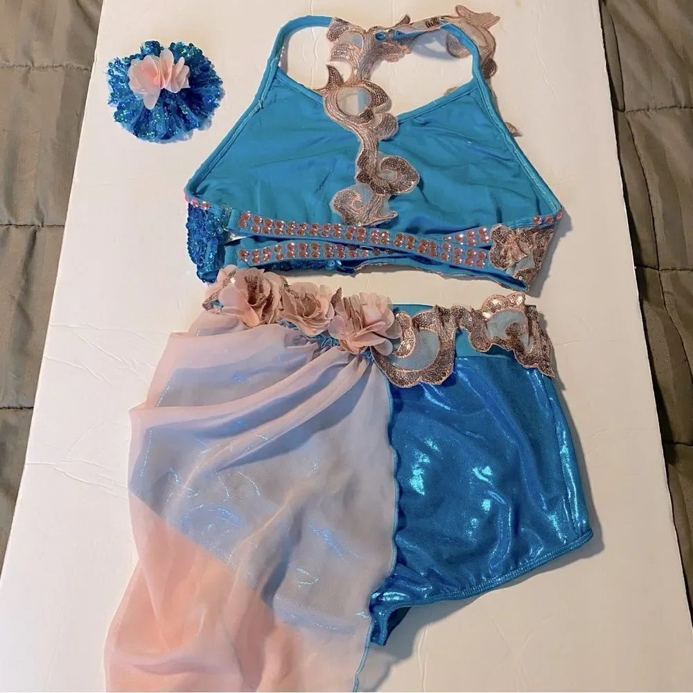 Glamour solo dance costume 2 piece blue pink sequin lace XLC-Extra large child